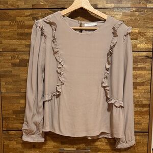 Aritzia Talula Dusty Pink Taupe Ruffle-Accent Long Sleeve Blouse size M